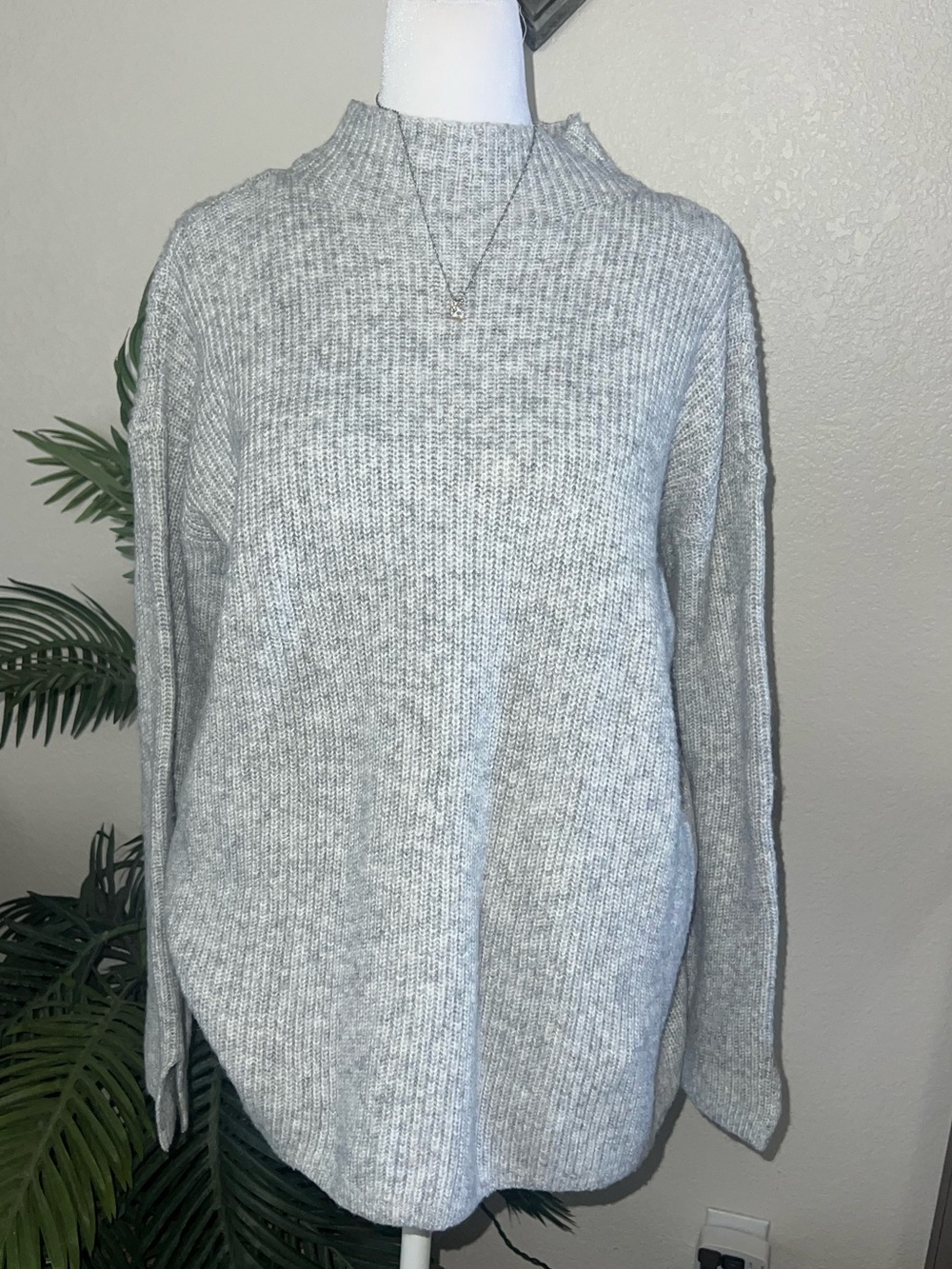 LOFT Cozy Light Gray Ribbed Mock Neck Sweater
